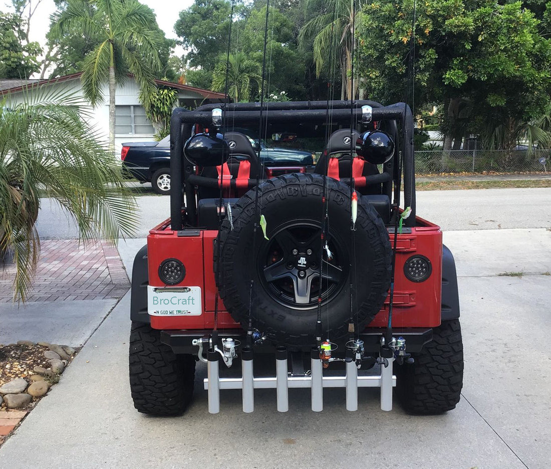 front bumper fishing rod holder Runner Rod, Pro Ski & Snowboard Carrier on to the M2M Accessory Bar (Required to fit)Easy InstallationMade in the USA! Fish-N-Mate 4 Rod Bumper Holder